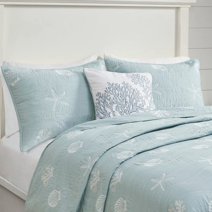 Harbor House Seaside Reversible Cotton Quilt Set Coastal Clam, Starfish, Coral Embroidery, All Season, Pre-Washed Coverlet Bedding Layer, Decorative Pillow, King/Cal King(108"x90") Seafoam 4 Piece