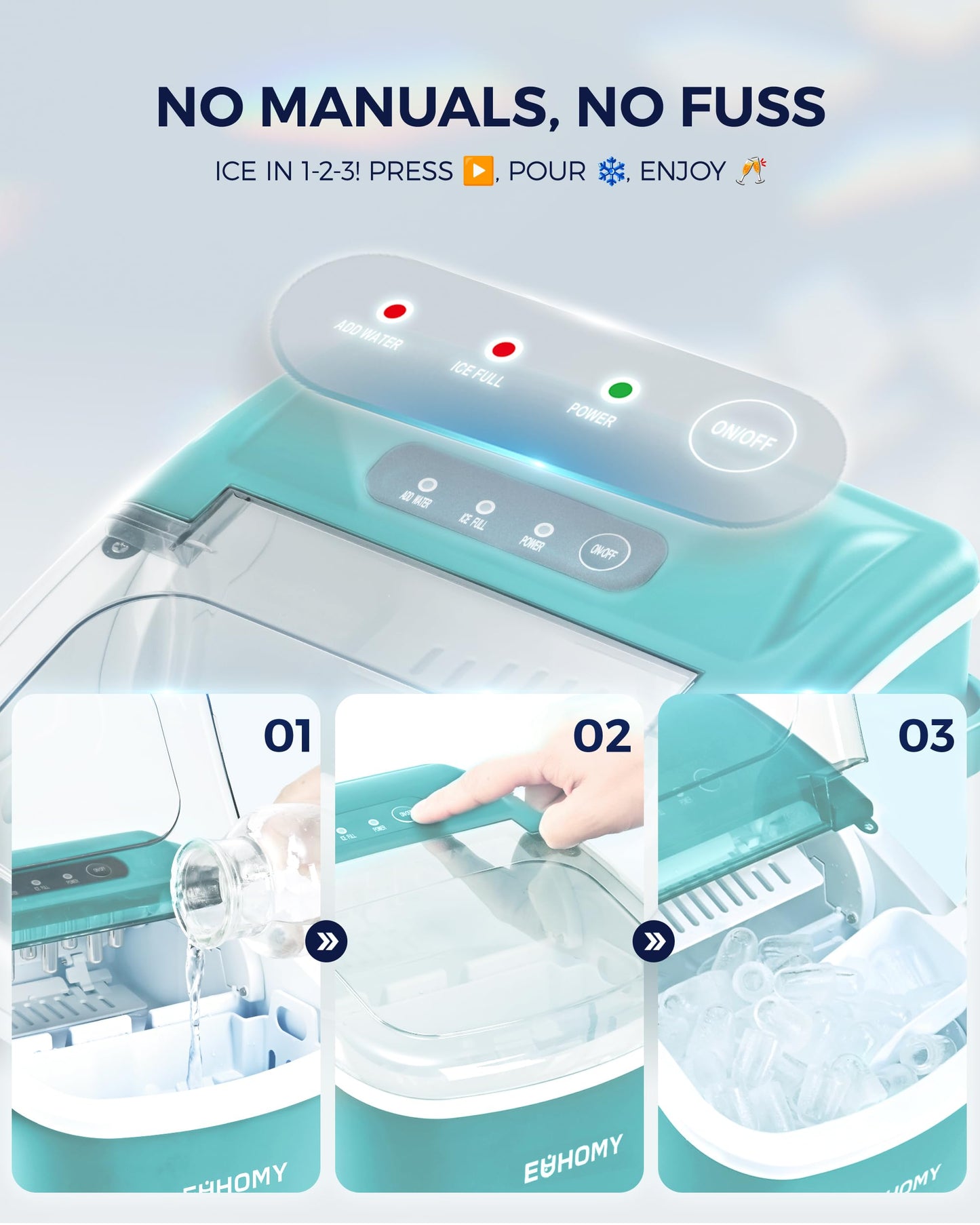 EUHOMY Countertop Ice Maker Machine with Handle, 26lbs Per Day, 9 Ice Cubes Ready in 6 Mins, Auto-Cleaning Portable Ice Maker with Basket and Scoop, for Home/Kitchen/Camping/RV (Green)