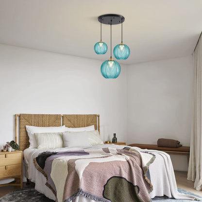 KCO Lighting Modern 3-Light Blue Striped Glass Pendant Light Fixture Nordic Glass Ball Cluster Chandelier Vintage Large Globe Pendant Lighting Mid-Century Black Island Light for Kitchen