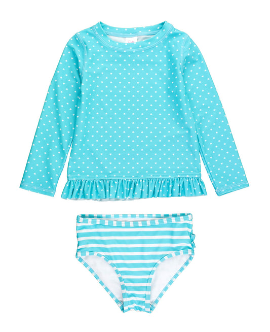 RuffleButts Bright Aqua Heart Polka Dot Long Sleeve Rash Guard Bikini - 7