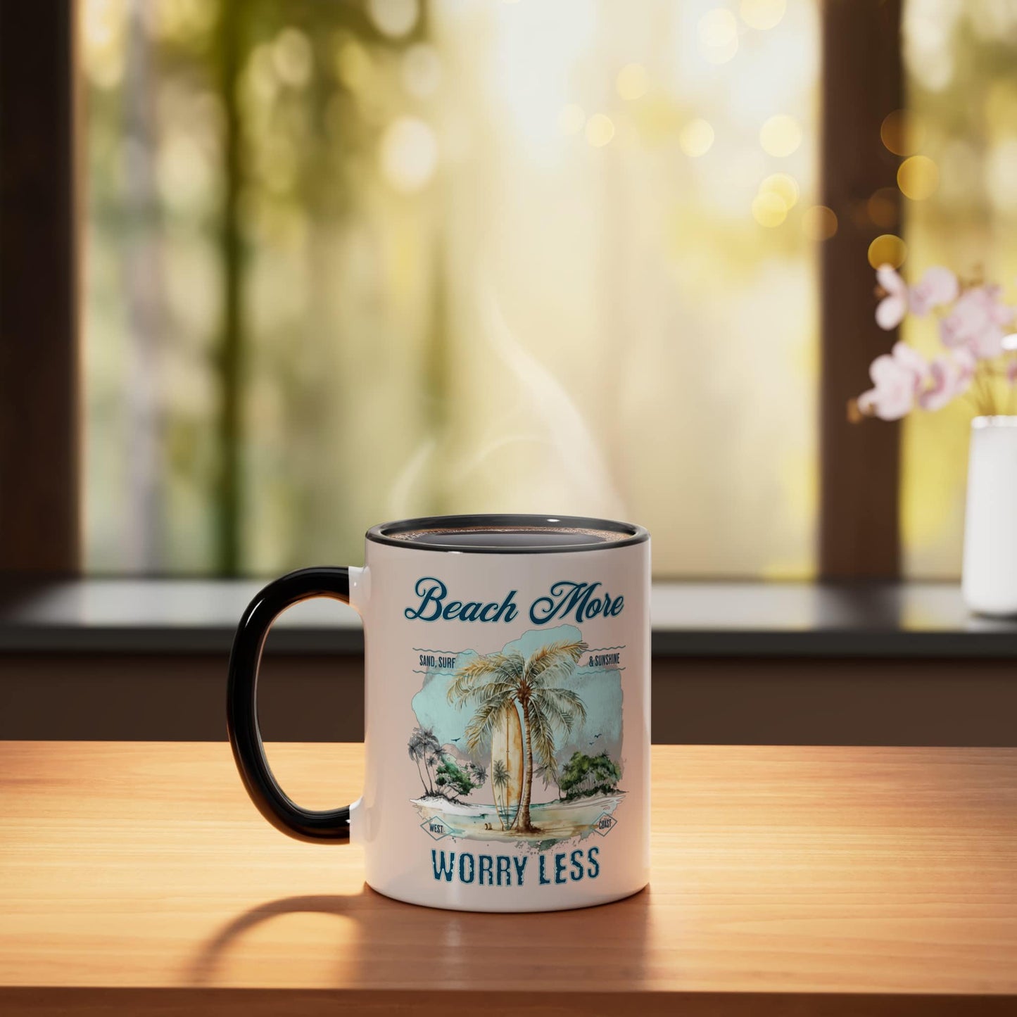 Beach More Vintage Ceramic Mug, Black/White