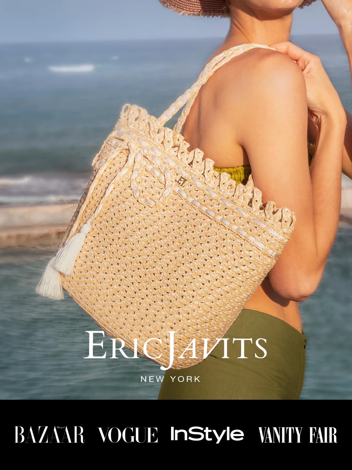 Eric Javits Squishee St. Tropez Straw Tote Bag for Women - Woven Braid Straw Summer Beach Bags for Women - Cute Tote Bags & Purses for Women - Lightweight Flexible & Durable Women’s Purses (Shell)
