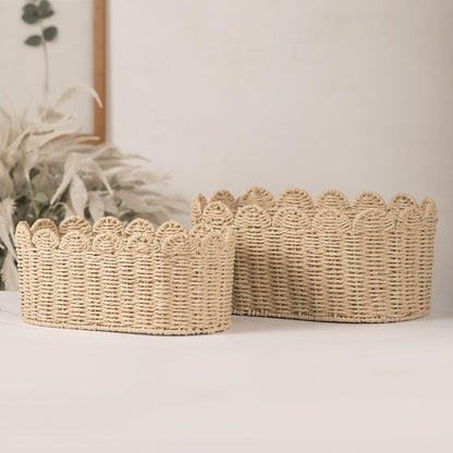 Scalloped Basket, Wicker Storage Baskets, Hand Woven Baskets for Shelves,Natural Baskets for Organizing (Paper rope(Ellipse-16"L x 10"W x 7"H))