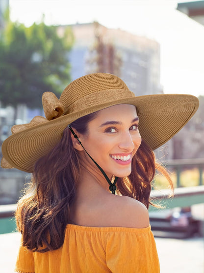 Senker Fashion Sun Hats for Women, Wide Brim Floppy Beach Straw Hat for Summer Travel Vacation Foldable with Sunglasses Khaki