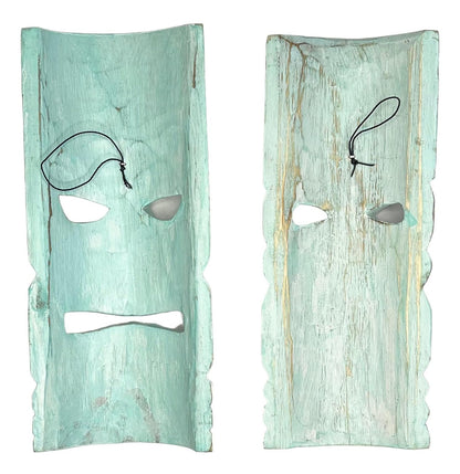 Top Brass Set of 2 – Aqua Teal Tiki Mask – Unique Hand Carved Wall Hanging or Freestanding Sculpture – Tropical Polynesian Flowers and Hawaiian Sea Turtle – Tribal Party Beach Luau Bar Decor