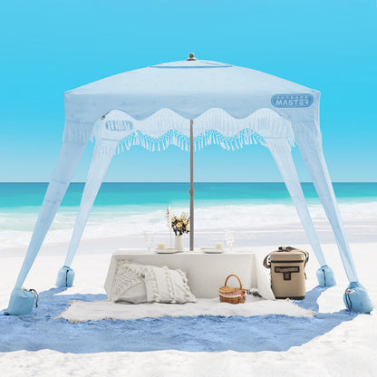 OutdoorMaster Beach Cabana with Fringes, Portable 6' x 6' Beach Canopy for Sand, Easy Set Up Sun Shelter, Included Side Wall, UPF 50+ UV Protection Sun Umbrella - for Family & Friends -Wave Point