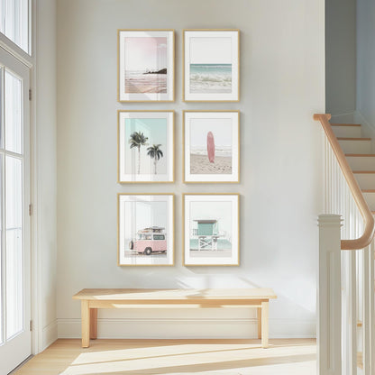 Framed Pink and Mint Green Coastal Wall Art for Living Room, 6 Piece Palm Tree Surfboard Beach Pictures Prints for Bedroom, Tropical Nautical Ocean Beachy Artwork for Hallway Walls Decor, 11x14 Inch