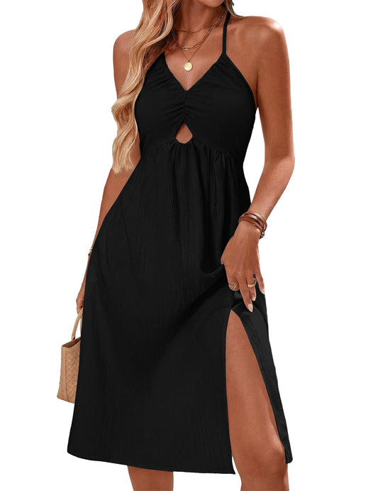 Zelroxa Women's Summer Halter Beach Vacation Midi Dress Backless Sleeveless A Line Flowy Ruffle Hem Side Slit Cutout Cami Dresses Sundresses with Pockets 2026 Trendy Outfits Black