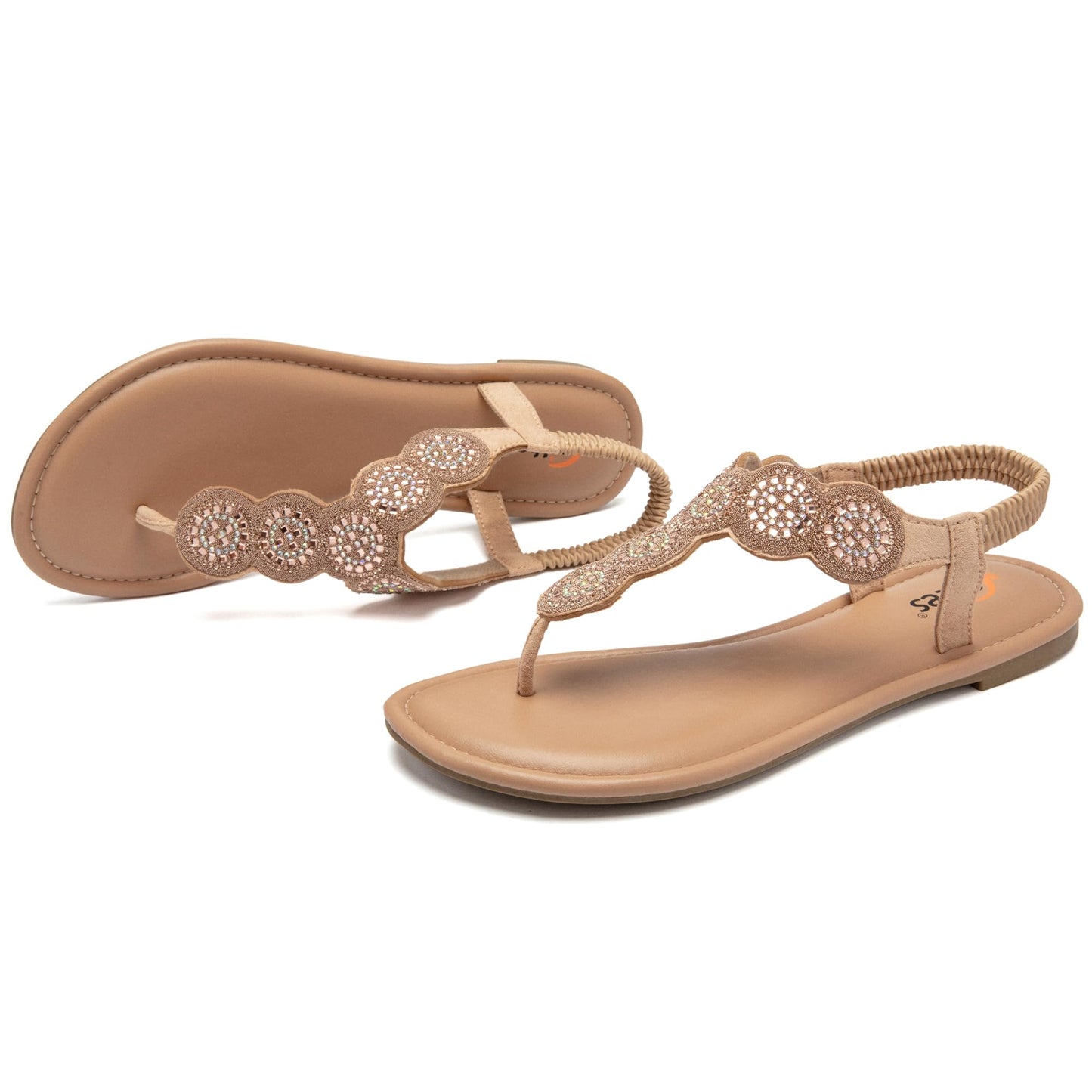 Veittes Women's Bohemian Bling Flat Slide Sandals - Casual Summer Thong Sandals with Rhinestone Decor, Rubber Sole, Lightweight & Comfortable Ankle StrapThong Summer Sandals.(2307004,GD/MF,11)