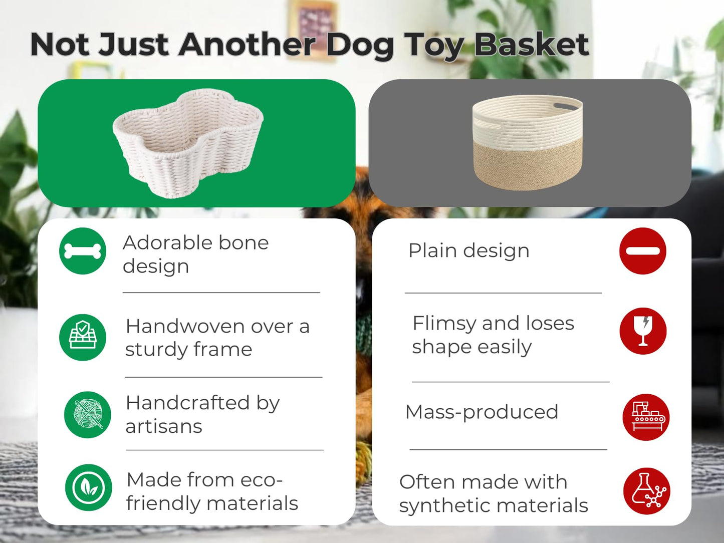 OtterPets Dog Toy Basket, Handmade Dog Toy Bin, Bone Shaped Pet Organizer, Cat Storage Box (Cotton Rope, 17x13in)