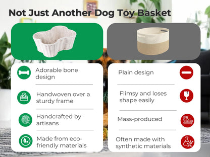 OtterPets Dog Toy Basket, Handmade Dog Toy Bin, Bone Shaped Pet Organizer, Cat Storage Box (Cotton Rope, 17x13in)