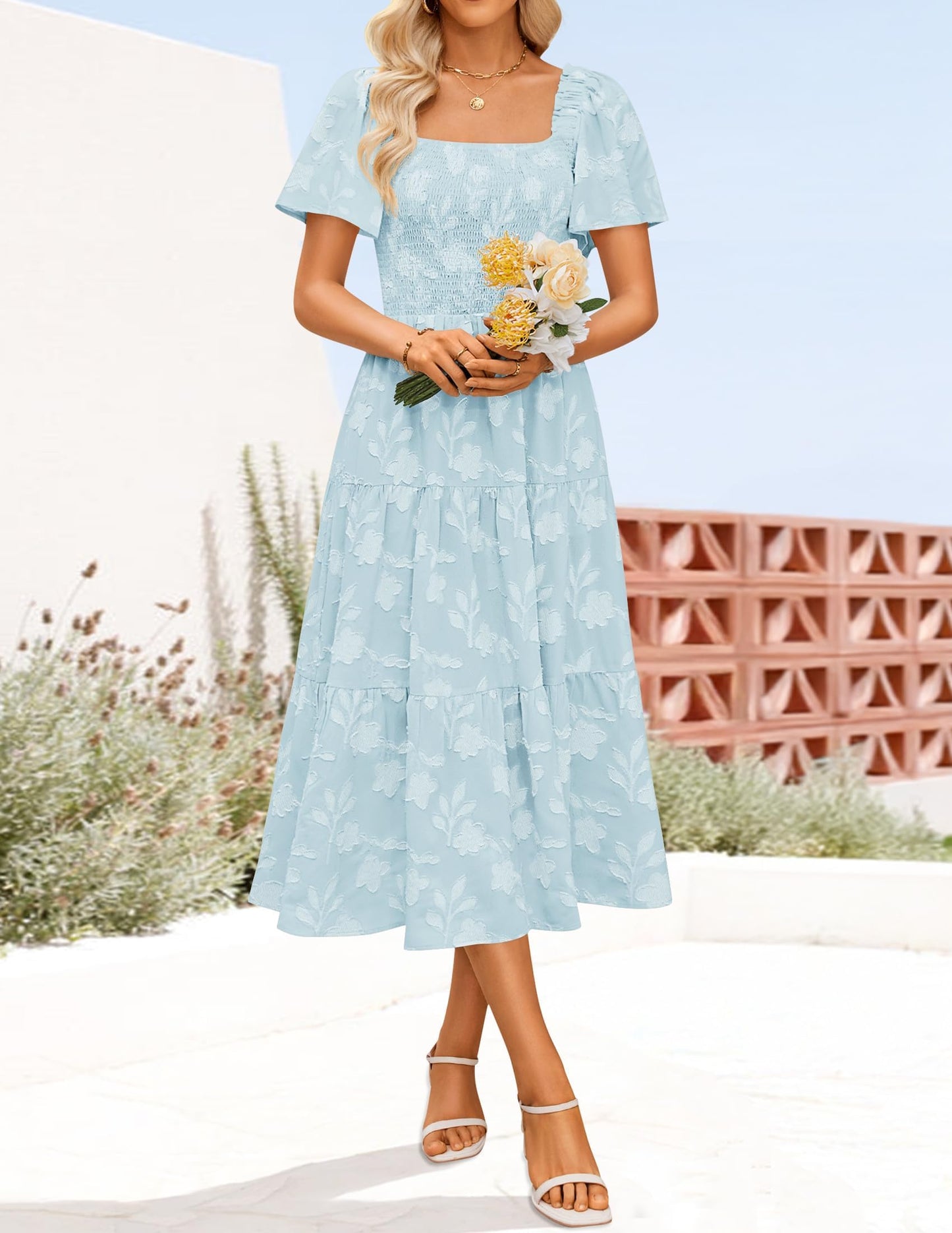 ZESICA Women‘s Summer Boho Floral Midi Dress 2026 Casual Short Sleeve Square Neck Flowy Beach Vacation Long Dress,Blue,X-Large