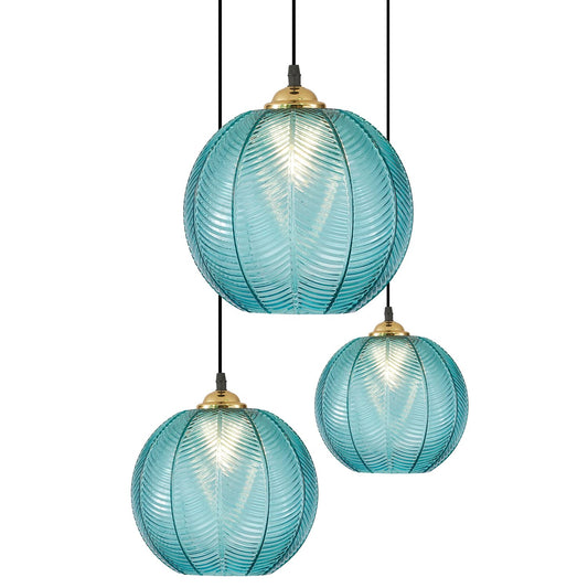 KCO Lighting Modern 3-Light Blue Striped Glass Pendant Light Fixture Nordic Glass Ball Cluster Chandelier Vintage Large Globe Pendant Lighting Mid-Century Black Island Light for Kitchen