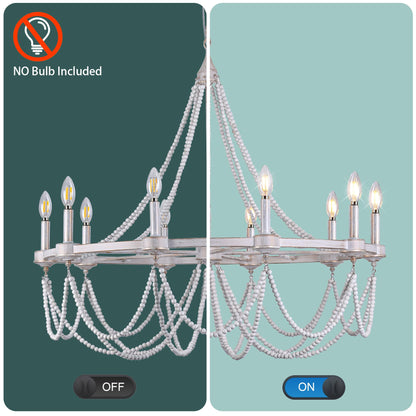 COCOSTAR Large Beaded Dining Room Light Fixture, 36" White Farmhouse Chandelier, French Country Wagon Wheel Chandelier, Coastal Boho Hanging Lighting for High Ceiling,10xE12 Candle Lights