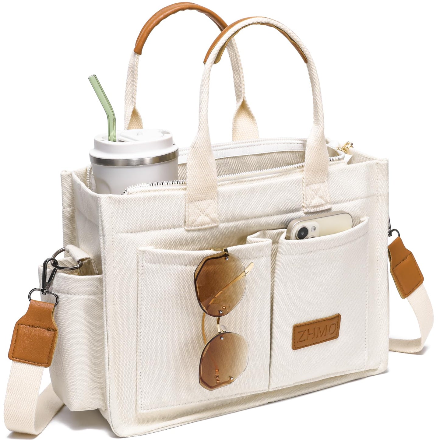 ZHMO Canvas Tote Bag for Women With Compartments and Zipper,White Women's Bags Crossbody Bags Work Laptop Tote Bag Large Satchels Handbag Tote Purse Everyday Shoulder Bag for Travel Nurse Teacher Gift