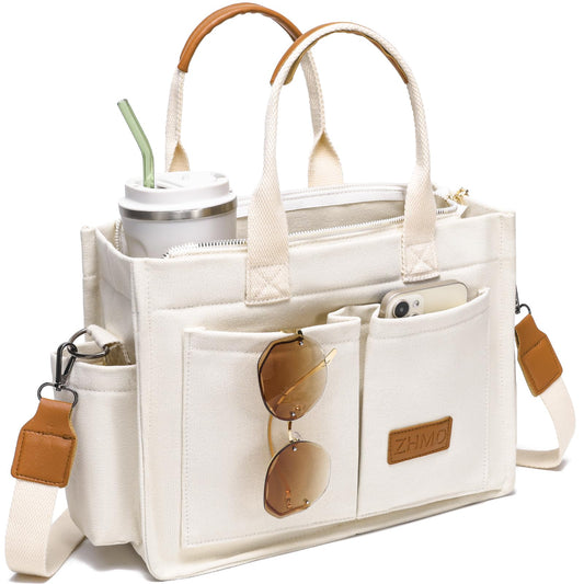 ZHMO Canvas Tote Bag for Women With Compartments and Zipper,White Women's Bags Crossbody Bags Work Laptop Tote Bag Large Satchels Handbag Tote Purse Everyday Shoulder Bag for Travel Nurse Teacher Gift