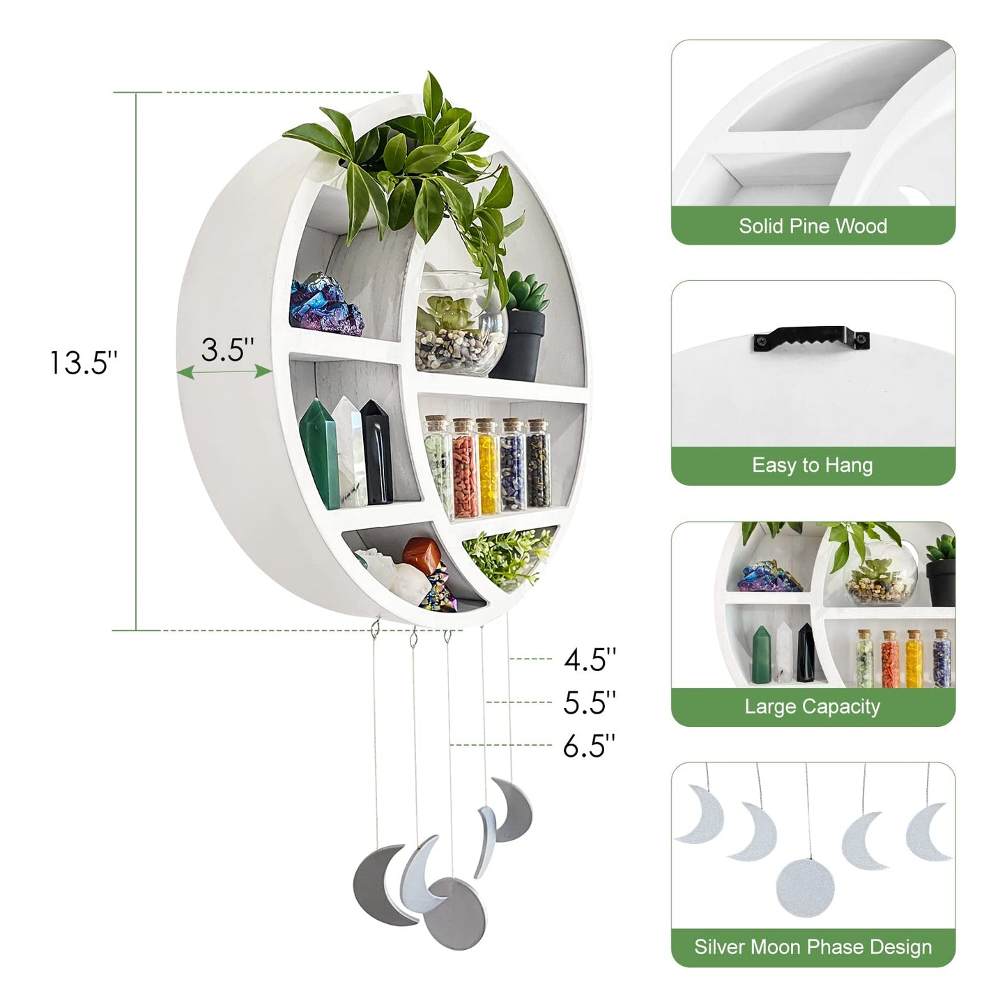 Ella & Emma 5-Shelf Pine Wooden Crescent Moon Crystal Shelf - Bohemian Style, Wall Mount, Bedroom, Living Room, Office