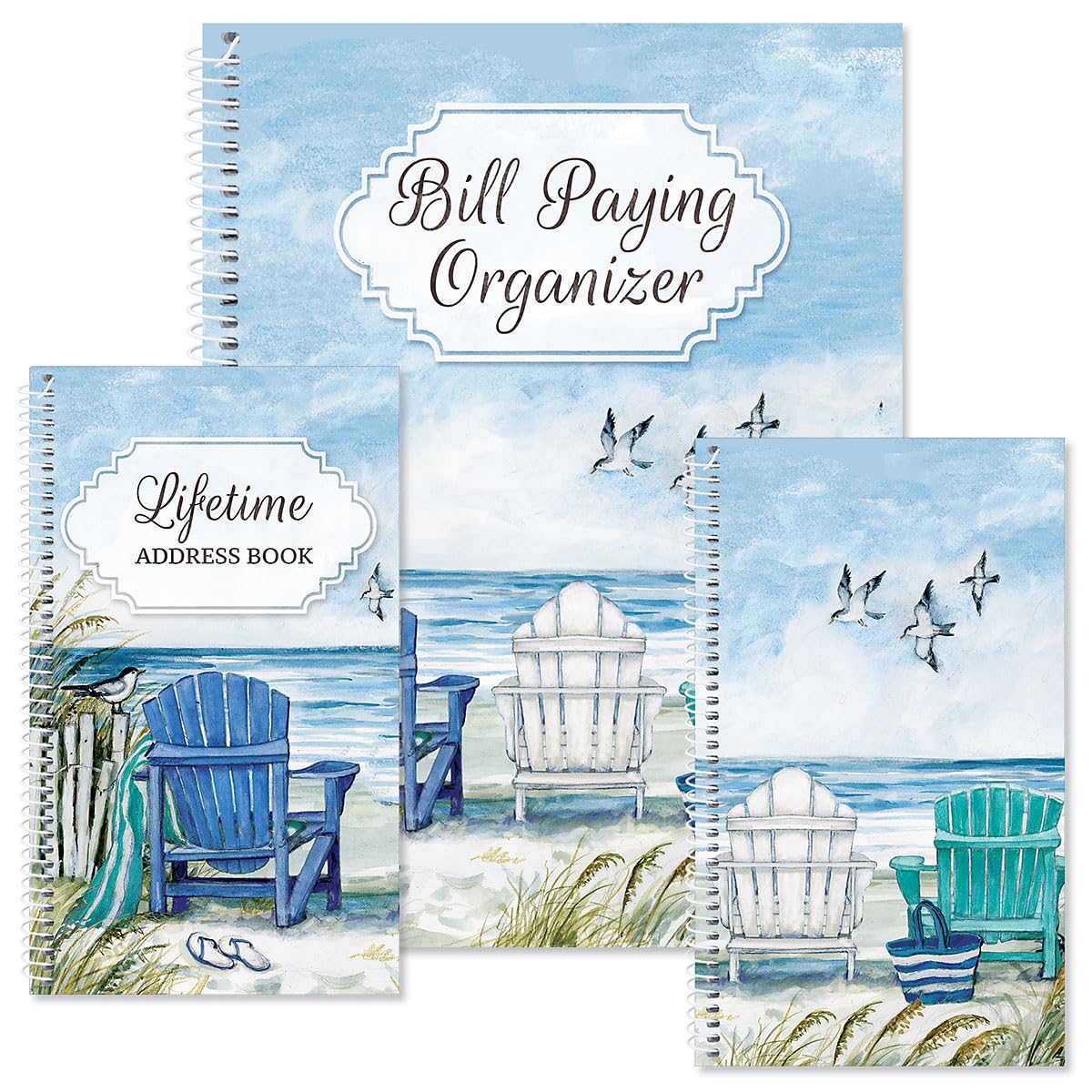 Current By The Sea Bill Paying Organizer Book - 9" x 12” Personal Account Book, Spiral Bound, 14 Storage Pockets, 32 Label Stickers, Monthly Finance & Payment Management Tracker for Home & Office