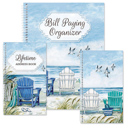 Current By The Sea Bill Paying Organizer Book - 9" x 12” Personal Account Book, Spiral Bound, 14 Storage Pockets, 32 Label Stickers, Monthly Finance & Payment Management Tracker for Home & Office
