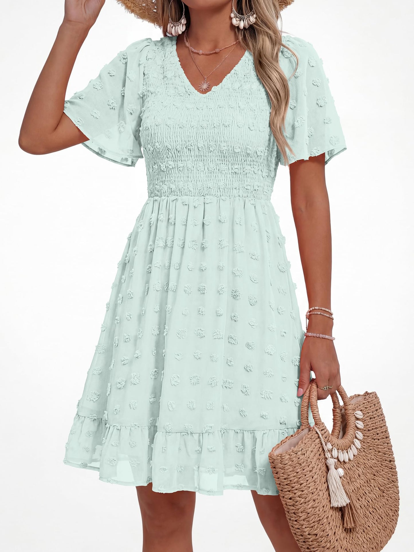 BTFBM Womens Beach Vacation Dress Summer 2026 V Neck Short Sleeve Smocked Swiss Dot Ruffle Casual Spring Mini Dresses(Light Green, XX-Large)