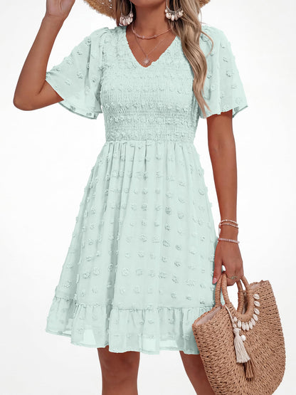 BTFBM Womens Beach Vacation Dress Summer 2026 V Neck Short Sleeve Smocked Swiss Dot Ruffle Casual Spring Mini Dresses(Light Green, XX-Large)