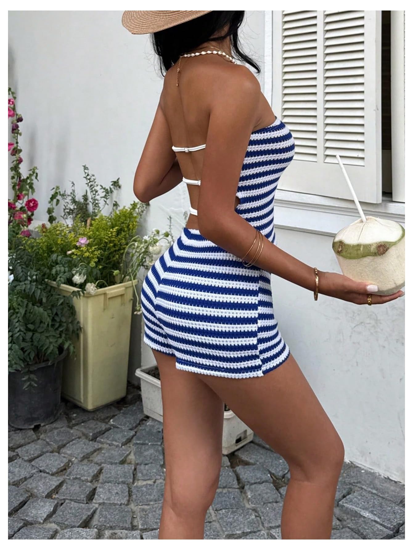 MakeMeChic Women's Summer 2 Piece Sets Striped Backless Strapless Tube Tops Mini Micro Shorts Set Beach Vacation Outfits Blue White Small
