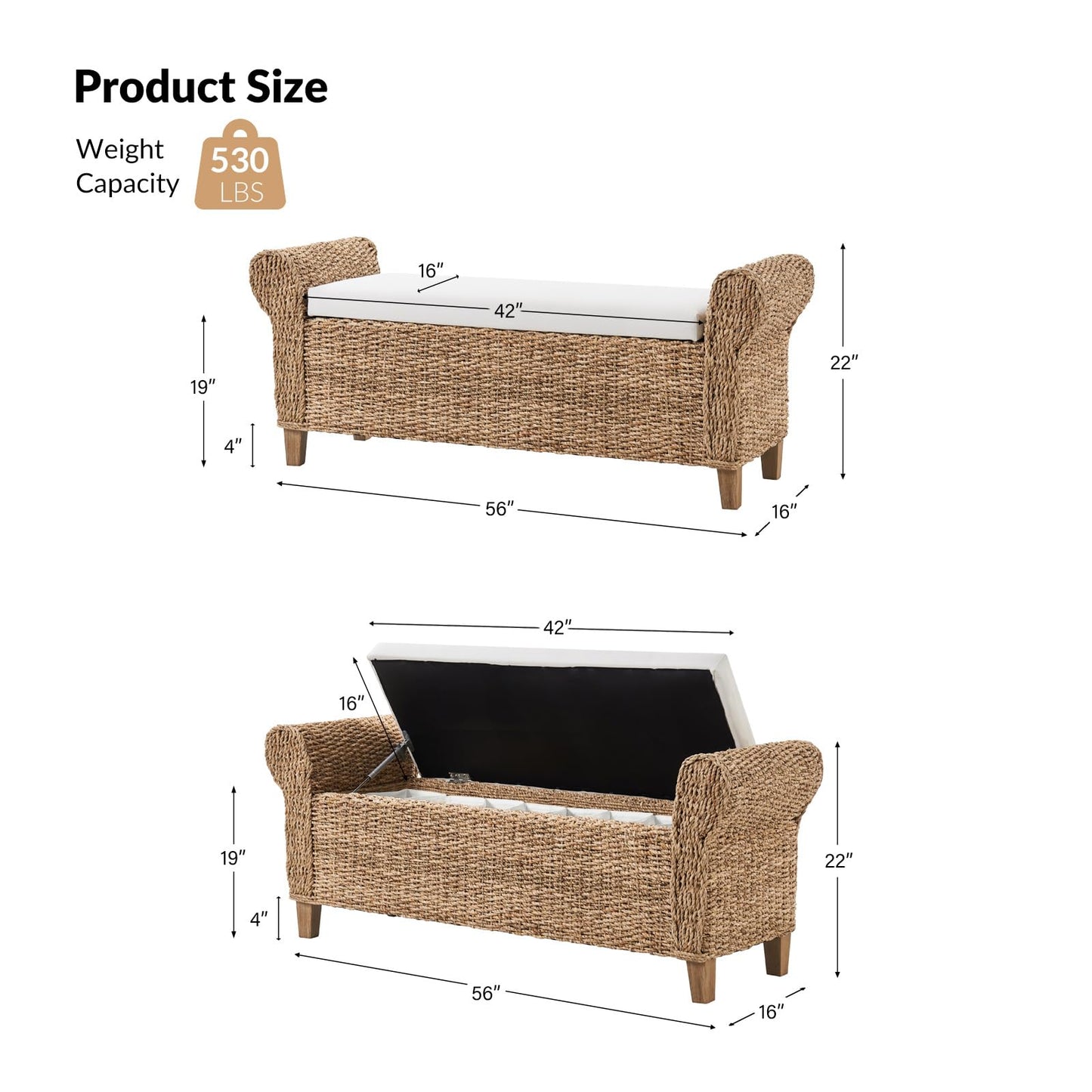 HULALA HOME Rattan Storage Bench, Rattan Upholstered End of Bed Bench with Roll Arm & Solid Wood Legs, Natural
