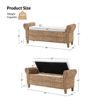 HULALA HOME Rattan Storage Bench, Rattan Upholstered End of Bed Bench with Roll Arm & Solid Wood Legs, Natural