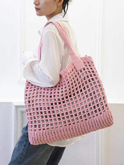 ENBEI Women's Beach Tote Bag, Crocheted Knit Hollow Design, Stylish & Spacious Tote for Beach,Travel,and Everyday Use,Cute Aesthetic Summer Handbag (Pink)