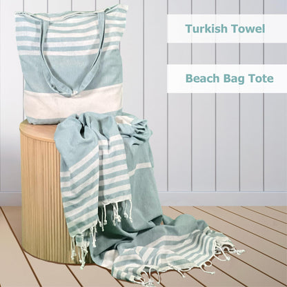 Cohzi Turkish Beach Towel and Tote - Lightweight Beach Bag and Turkish Towel Set. Pool Towel and Carry Bag. Great for Travel, Picnic, Summer Essentials. Aqua