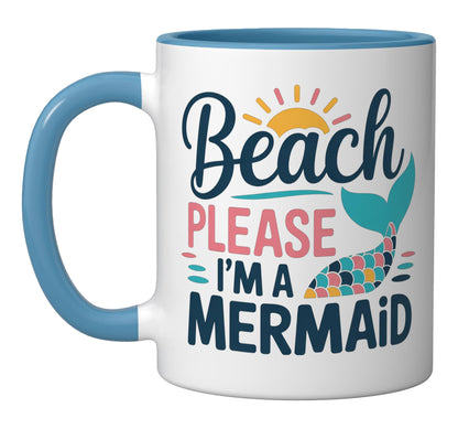 Beach Please Mermaid Aesthetic Ceramic Mug, Blue/White