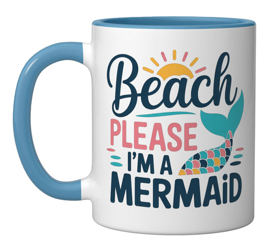 Beach Please Mermaid Aesthetic Ceramic Mug, Blue/White