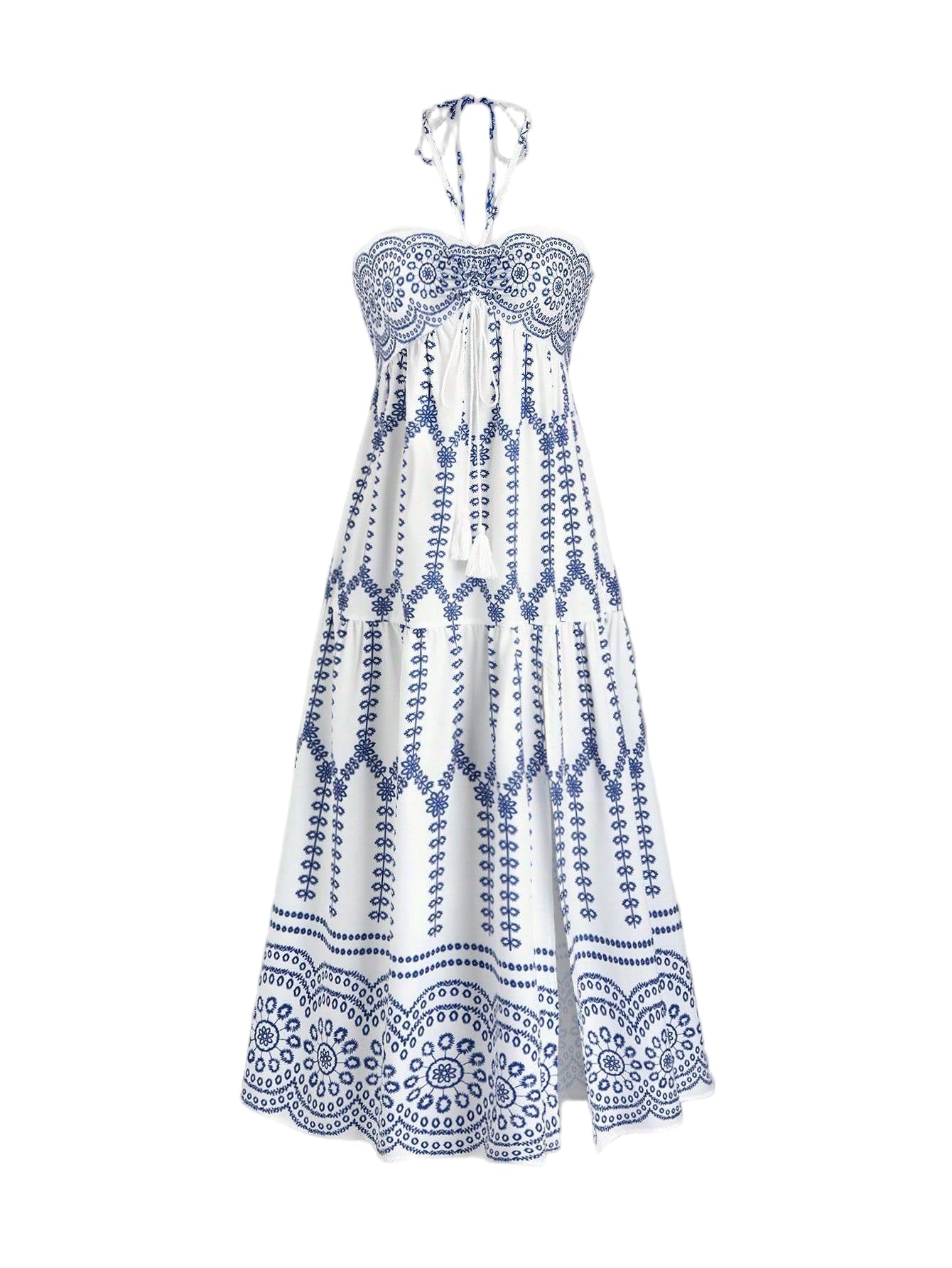 SKAYS Women's Summer Dress Halter Boho Maxi Dress Hawaii Vacation Beach Floral Print Outfits Backless Casual Elegant Party Blue XL
