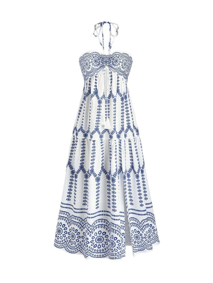 SKAYS Women's Summer Dress Halter Boho Maxi Dress Hawaii Vacation Beach Floral Print Outfits Backless Casual Elegant Party Blue XL