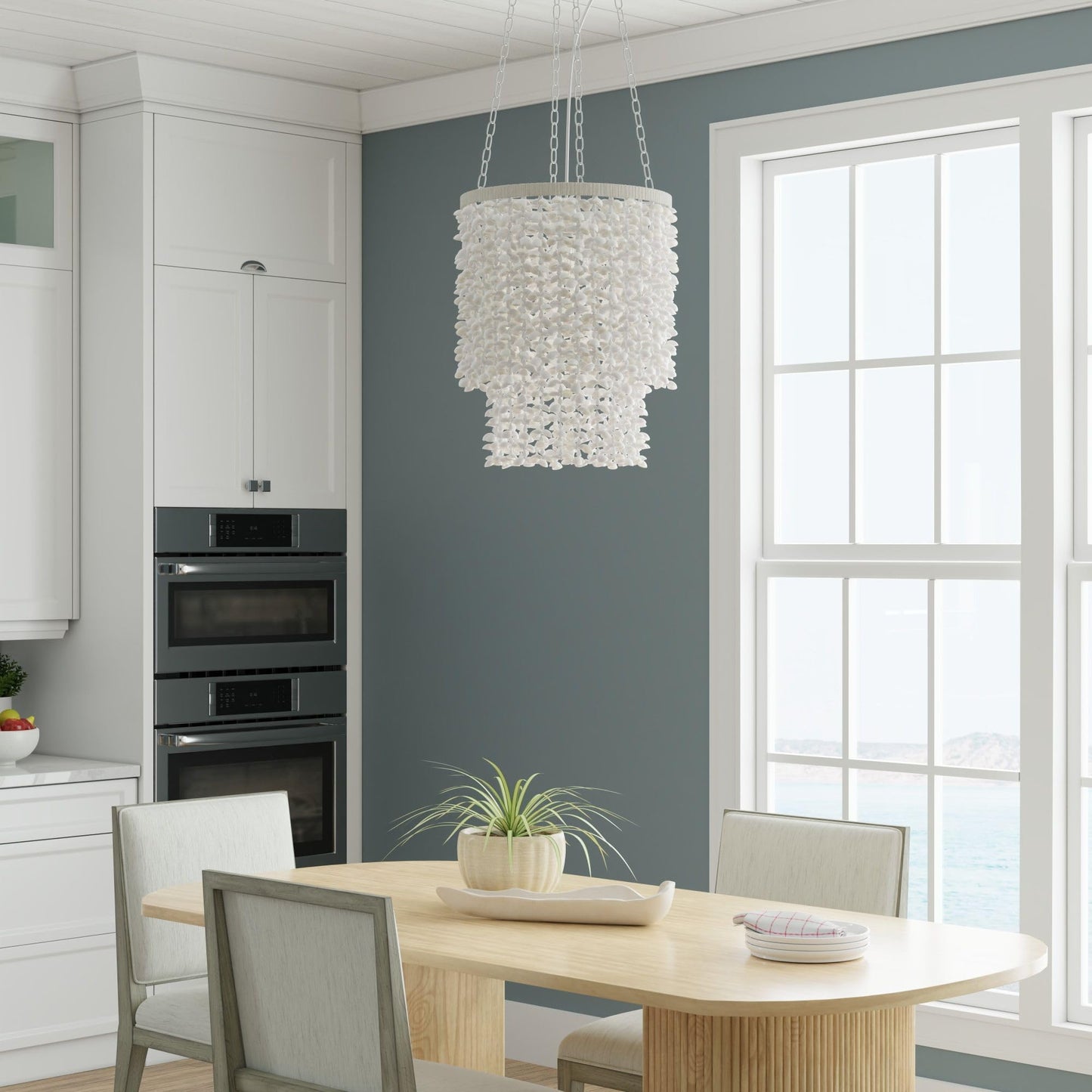 KOUBOO Clamrose Seashell Chandelier | Elegant Coastal Chandeliers for Dining Room, Living Room, Bedroom | Modern Hanging Light Fixture | Unique Pendant Light with Seashell Curtain, White