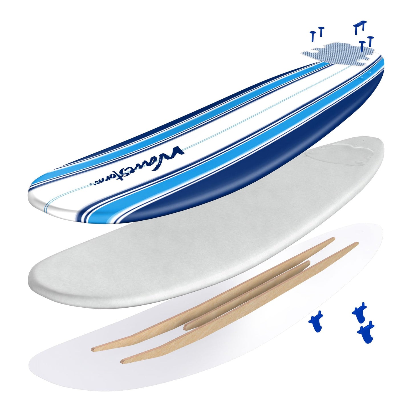 Wavestorm - Classic Soft Top Foam 7ft Surfboard Surfboard for Beginners and All Surfing Levels Complete Set Includes Leash and Multiple Fins Heat Laminated, Blue Pinline (AZ22-WSSF700-PIN)