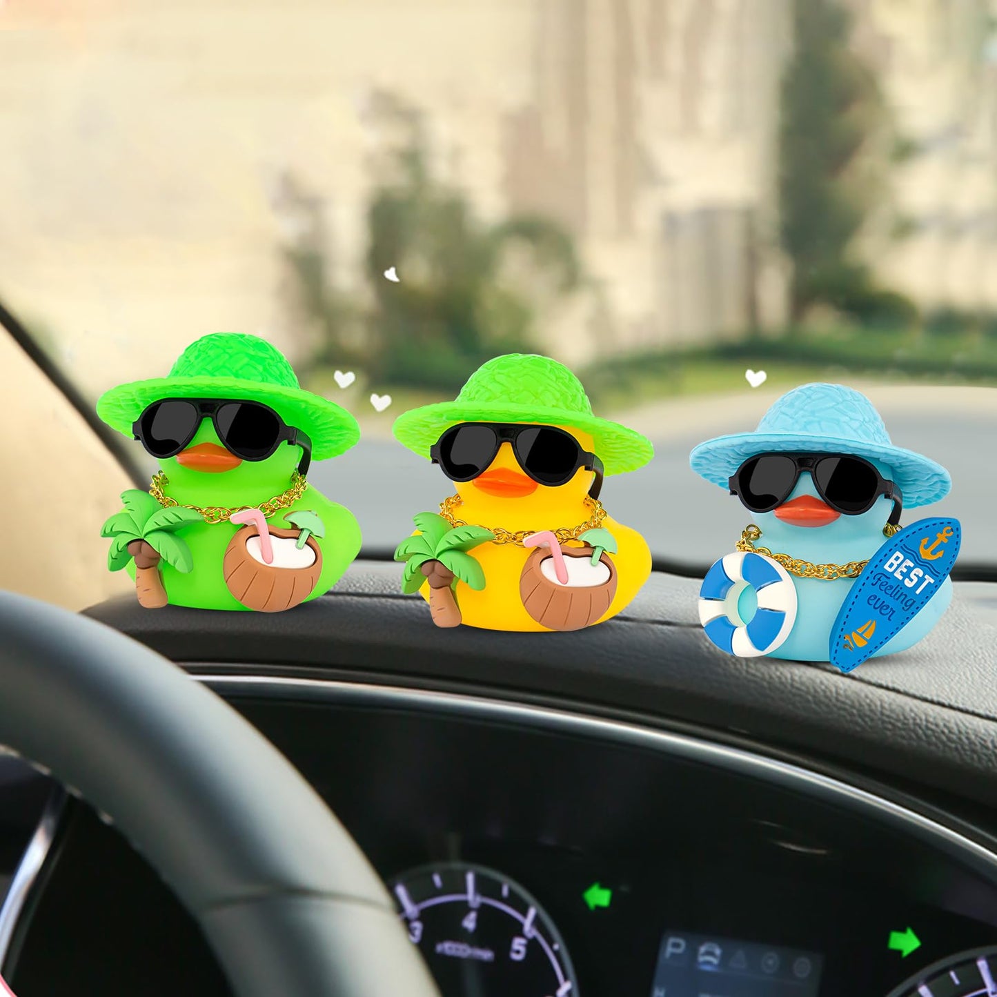 wonuu Summer Beachy Vacation Duckies, Tropical Paradise Rubber Duck Beach Surfing Ocean Voyage Rubber Ducks (Yellow, Coconut Drink, Palm Tree)