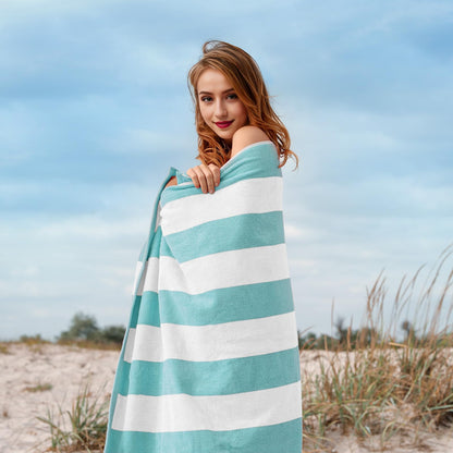 WEDPLAN Cotton Oversized Beach Towel - 40 x70 Inch Extra Large Striped Pool Towel, Big Soft Terry Cloth Turquoise Cabana Swim Towel
