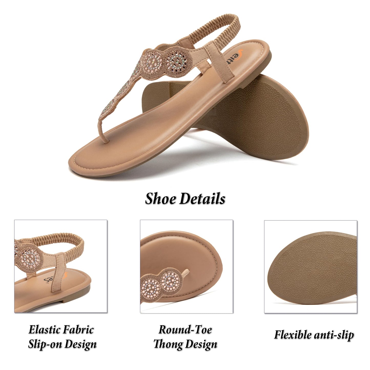 Veittes Women's Bohemian Bling Flat Slide Sandals - Casual Summer Thong Sandals with Rhinestone Decor, Rubber Sole, Lightweight & Comfortable Ankle StrapThong Summer Sandals.(2307004,GD/MF,11)