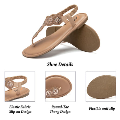 Veittes Women's Bohemian Bling Flat Slide Sandals - Casual Summer Thong Sandals with Rhinestone Decor, Rubber Sole, Lightweight & Comfortable Ankle StrapThong Summer Sandals.(2307004,GD/MF,11)