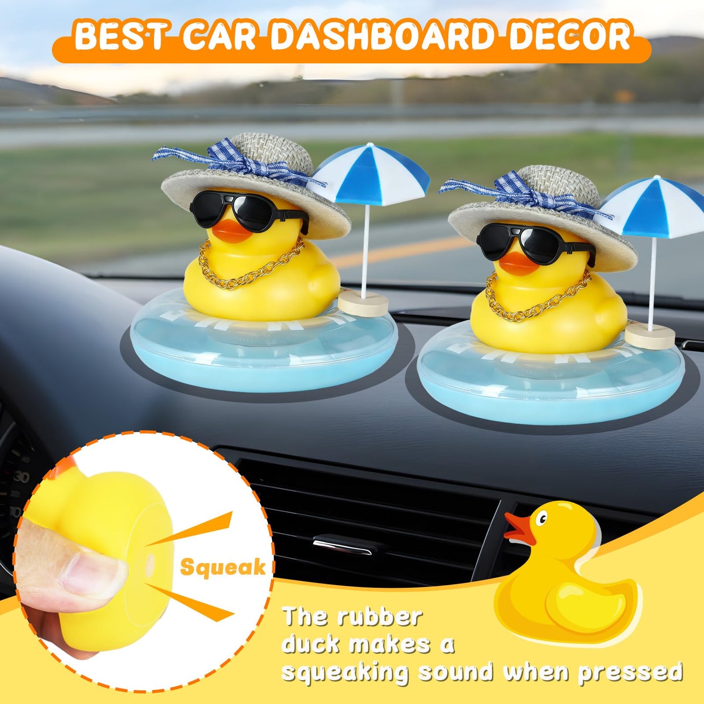 Rubber Duck with Blue Hat, Swimming Ring, Sunglasses, Gold Necklace & Sun Umbrella - Cute Car Decor for Jeep, Summer Beach Party, Home Desk Decoration, DIY Accessories