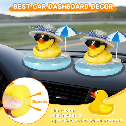 Rubber Duck with Blue Hat, Swimming Ring, Sunglasses, Gold Necklace & Sun Umbrella - Cute Car Decor for Jeep, Summer Beach Party, Home Desk Decoration, DIY Accessories