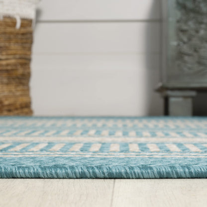 JONATHAN Y Double Stripe Indoor Outdoor Area Rug 5X8 Aqua/Beige, Haynes Modern for Backyard, Patio, Porch, Easy-Cleaning, High Traffic, Pet-Friendly, Non-Shedding (SMB202A-5)