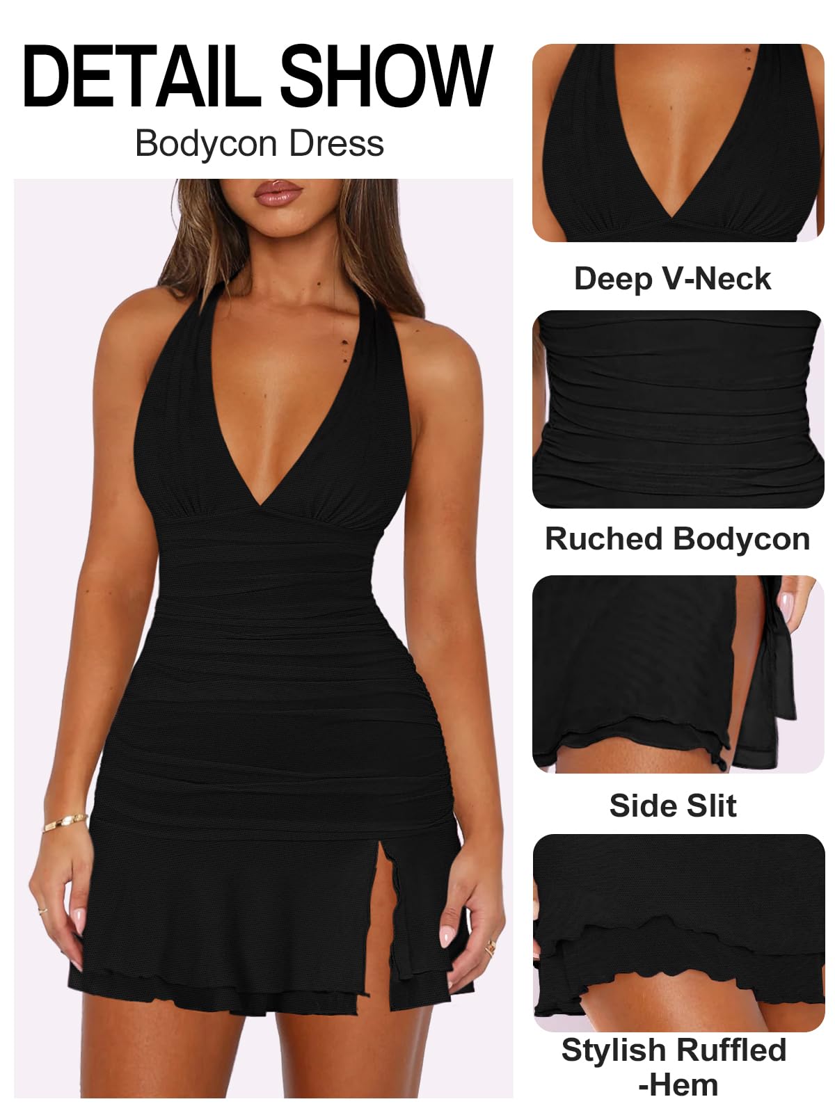 MIYIEONZ Women Sexy Halter Deep V Neck Ruched Bodycon Dress Summer Side Slit Mesh Hem Cocktail Club Party Going Out Large Black Short Mini Dresses