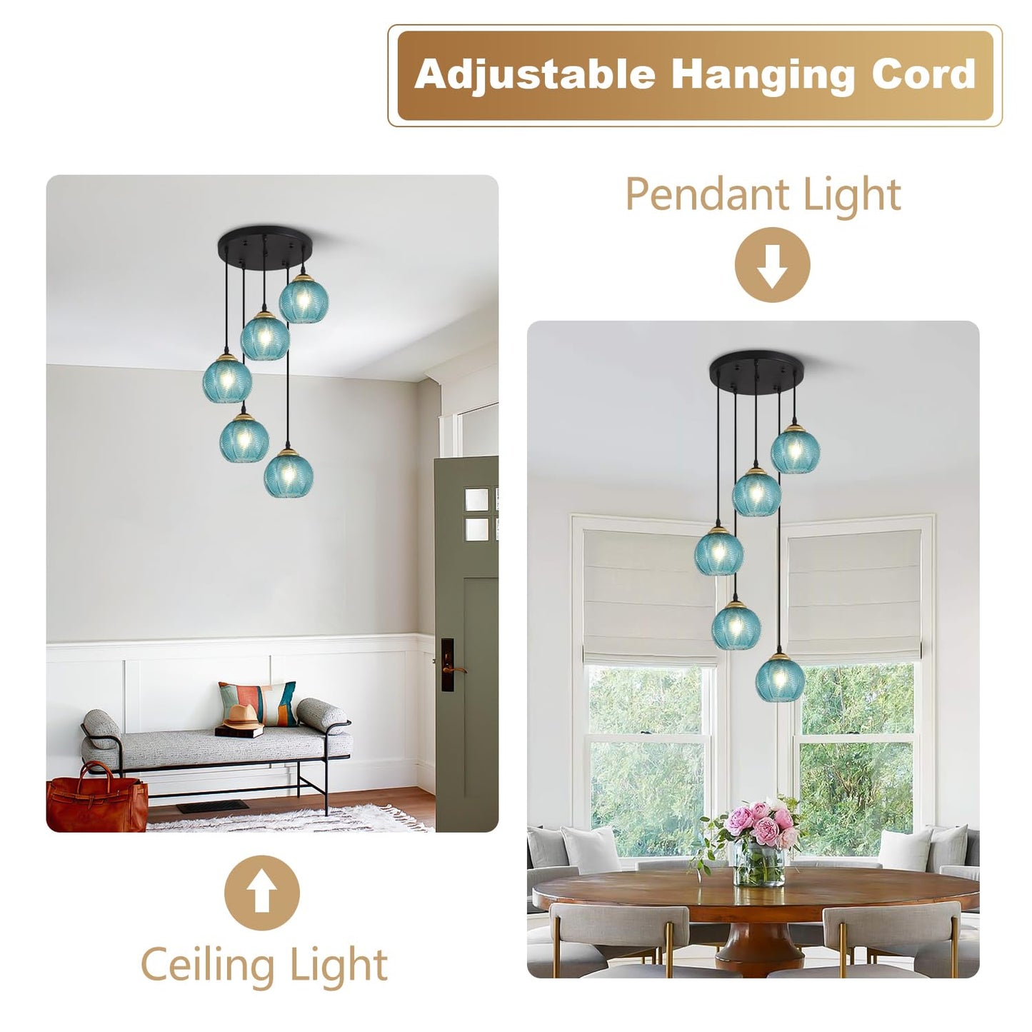 KCO Lighting Modern Blue Glass Chandelier Globe Cluster Pendant Light Black and Gold Kitchen Pendant Lighting Nordic Ribbed Glass Pendant Light Large Round Chandelier