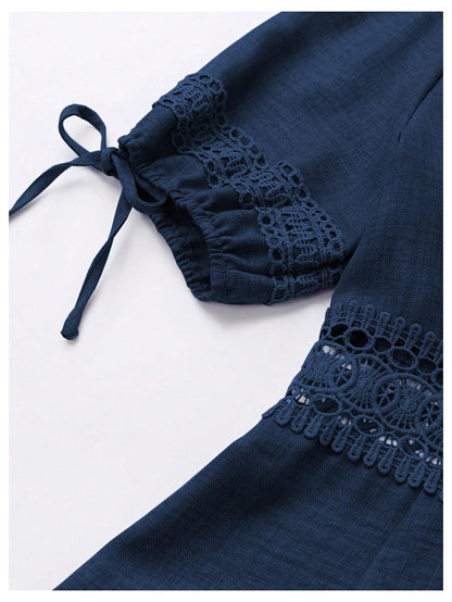 SOLY HUX Women's Summer Dress Hollow Out Lace V Neck Puff Short Sleeve A Line Layered Short Dresses Plain Dark Blue Small