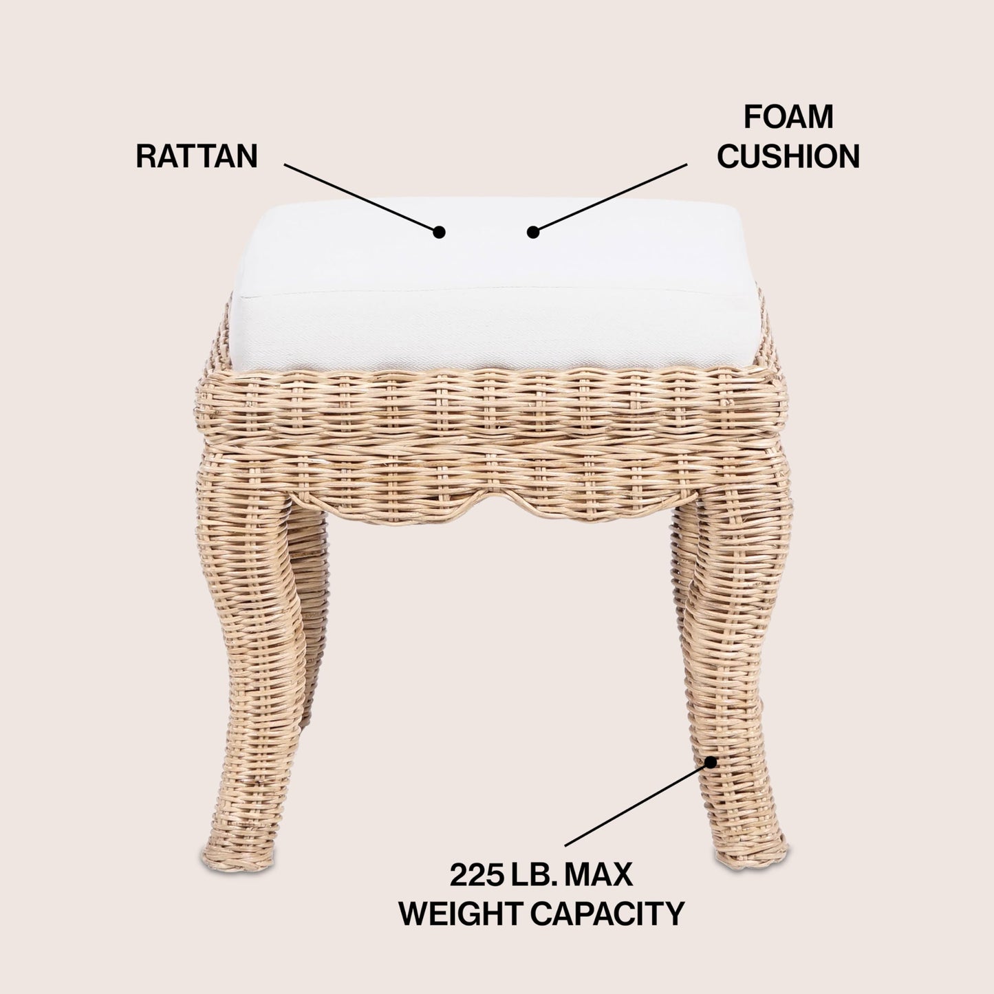 JONATHAN Y VSL1000A Rowan 19.7" Bohemian Designer Woven Rattan/Wood Vanity Stool, White Cushion with Natural Frame, for Living Room, Bedroom, Entryway, Foyer