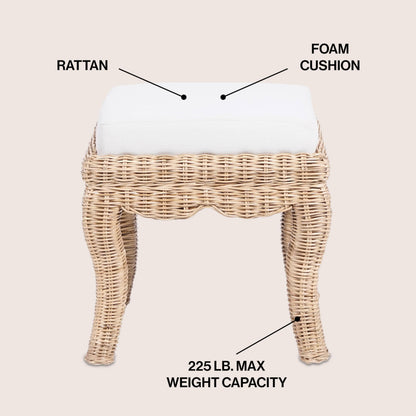 JONATHAN Y VSL1000A Rowan 19.7" Bohemian Designer Woven Rattan/Wood Vanity Stool, White Cushion with Natural Frame, for Living Room, Bedroom, Entryway, Foyer
