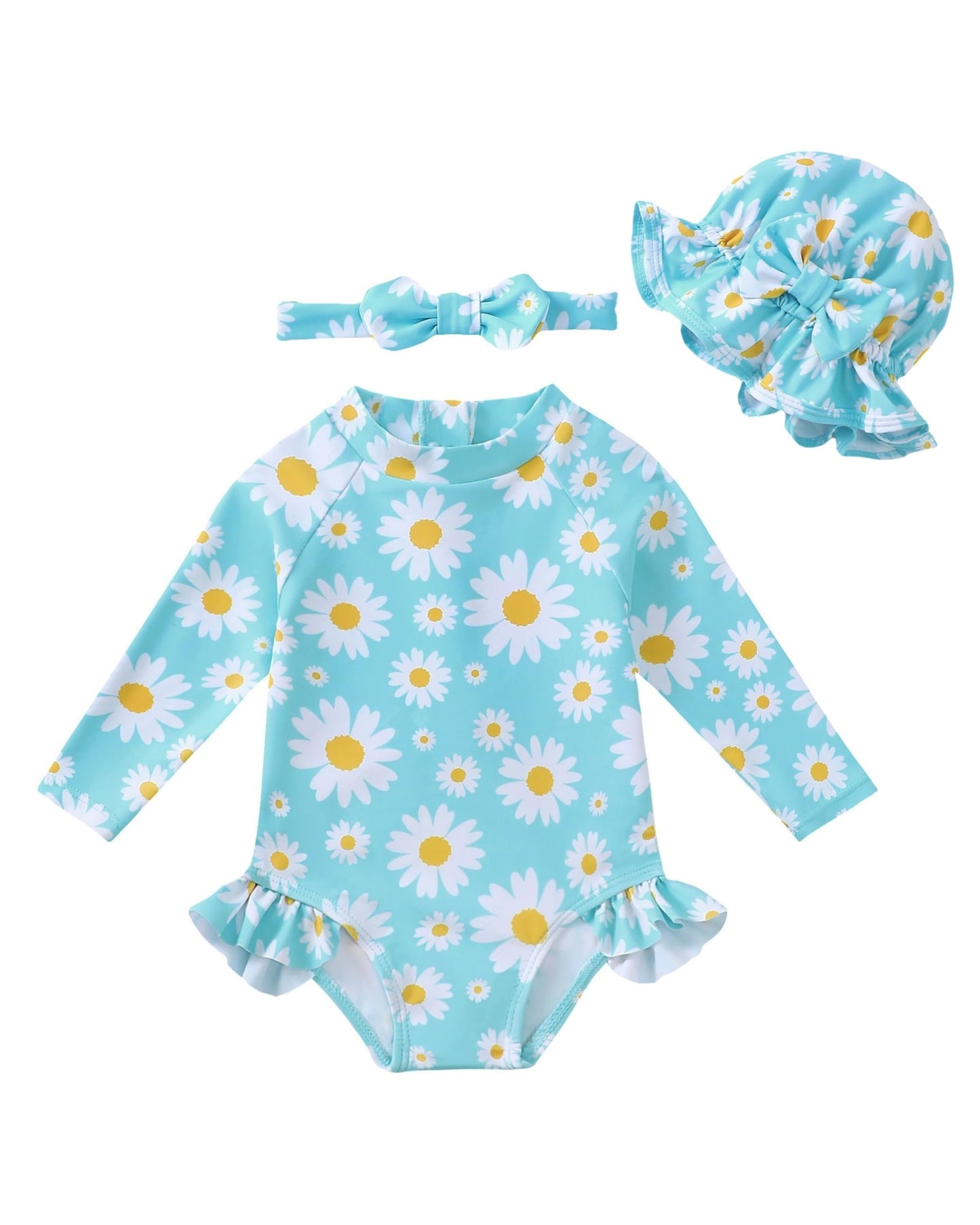 SODLON Baby Swimsuit Girl 3-6 Months Infant Long Sleeve Girls One-Piece Bathing Suit Ruffle Blue Daisy Newborn Swimwear with Hat & Headband Rash Guard Baby Beach Essentials