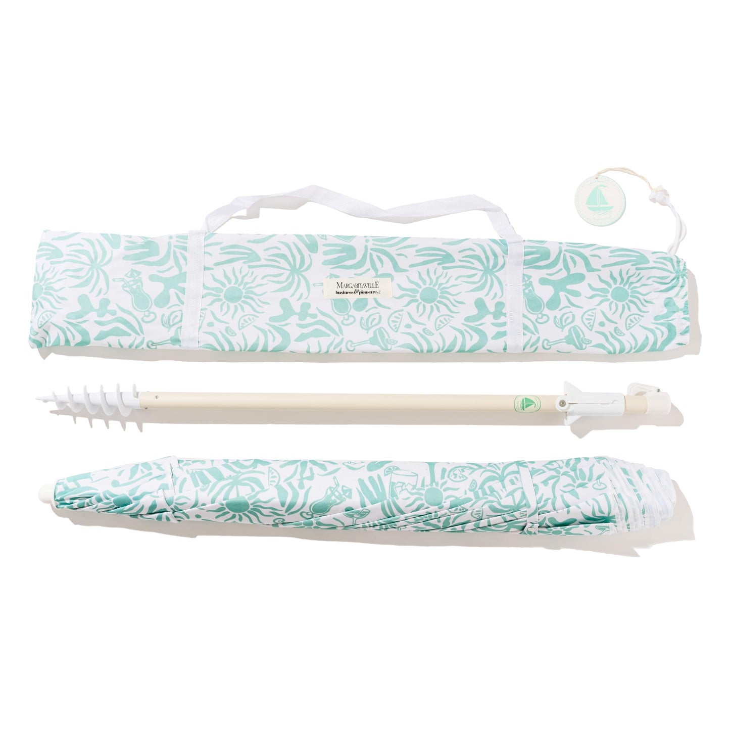 Business & Pleasure Co. Margaritaville Manana Umbrella - 6.5' Beach Umbrella Sand Anchor, 7' Tall Telescopic Aluminum Pole, UPF 50+, Last Mango Green Tiki